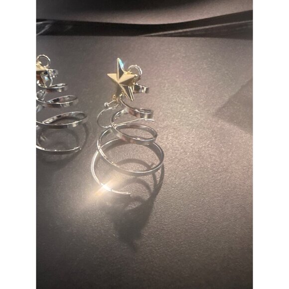 Silver Spiral Christmas Tree Earrings With Gold Star Hook Earrings - Picture 2 of 4